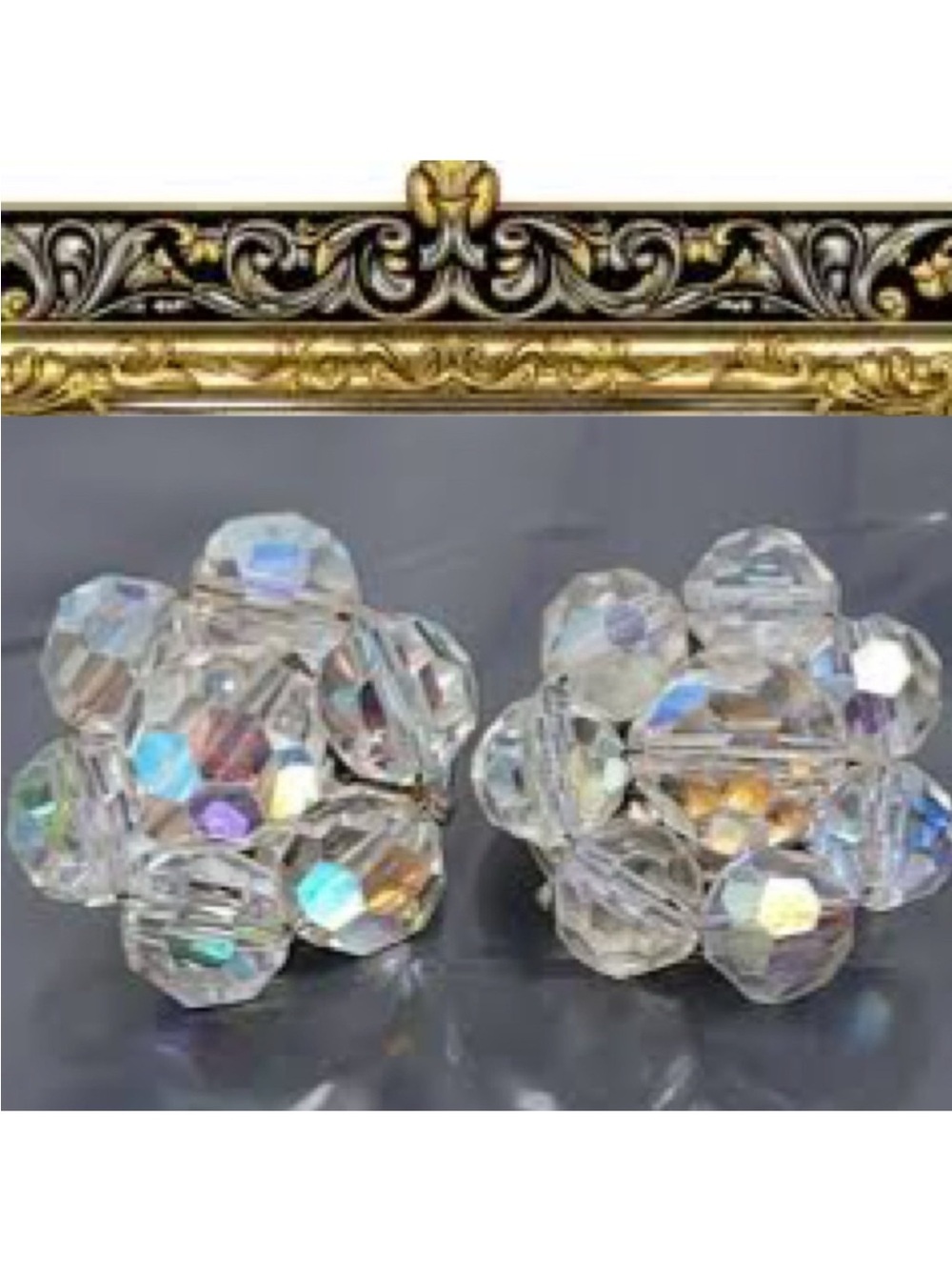 Vintage Earrings Aurora Borealis Crystal Beaded Flowers Clip On 50s 60s Jewelry - Picture 1 of 16